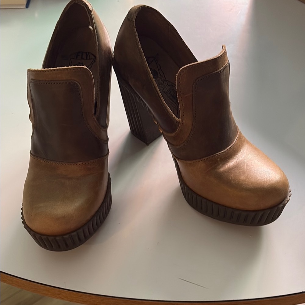 Fly London Tan and Brown Chunky Heels